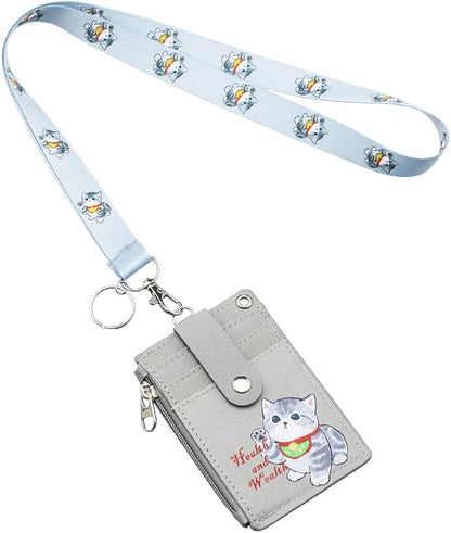 HASFINE ID Badge Holder with Cute Cat Character Design PU Leather ID Card Wallet, 2-Sided 5 Card Slots, Zippered Pocket, Detachable Keychain Lanyard for Teachers, Students, Nurses, Office Staff