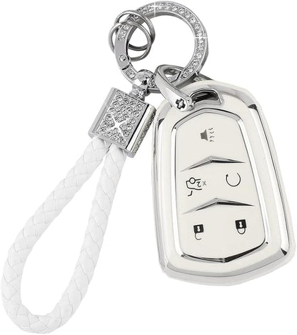 PIFOOG Key Fob Cover for Cadillac SRX CTS CT6 XTS XT5 XT6 XT4 ATS Accessories TPU 5 Button Keys Case Shell Protecor Glitter Car Keychain Girly Women White Silver
