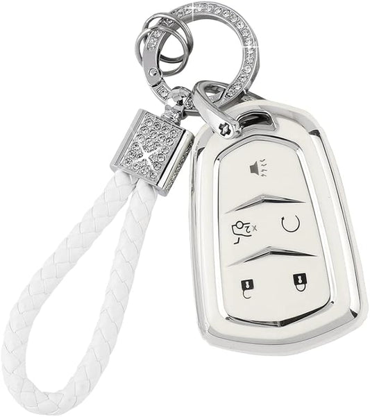 PIFOOG Key Fob Cover for Cadillac SRX CTS CT6 XTS XT5 XT6 XT4 ATS Accessories TPU 5 Button Keys Case Shell Protecor Glitter Car Keychain Girly Women White Silver