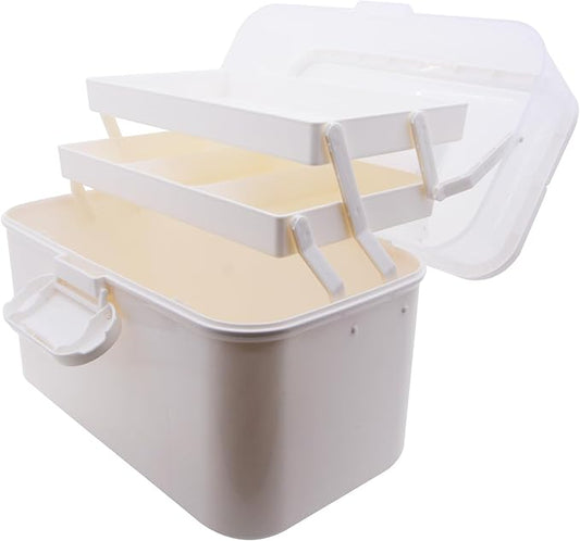Portable Clear Medicine Box Empty, Family First Aid Dispenser/Art & Crafts Case/Folding Tool Organizer/Multipurpose Storage Container 3-Layers Storage Bin for Family Emergency (White)