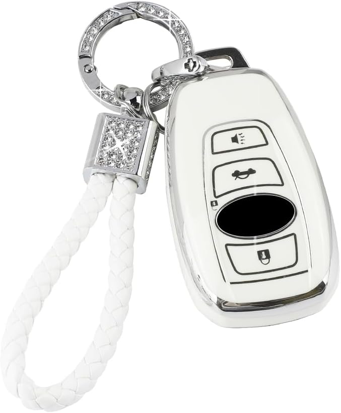 PIFOOG Key Fob Cover for Subaru TPU Keys Case Shell Protector 4 Button Bling Keychain for Subaru Outback Crosstrek Ascent Impreza Forest WRX BRZ Legacy Girly Women Silver White