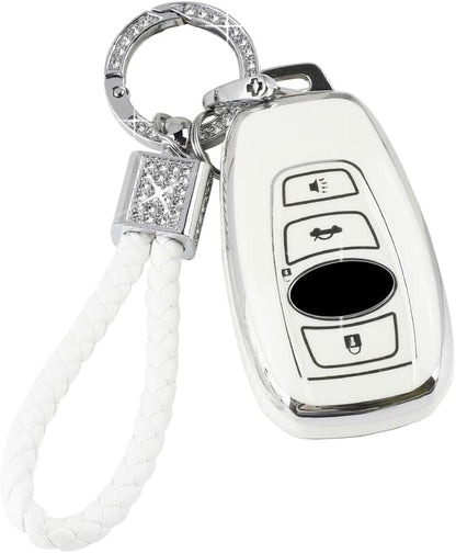 PIFOOG Key Fob Cover for Subaru TPU Keys Case Shell Protector 4 Button Bling Keychain for Subaru Outback Crosstrek Ascent Impreza Forest WRX BRZ Legacy Girly Women Silver White