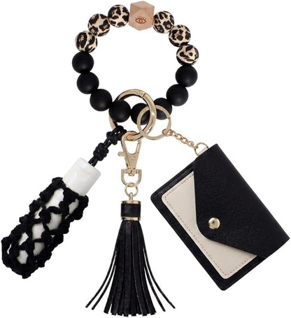 BIHRTC Silicone Key Ring Bracelets Wristlet Keychain Wallet with Net Chapstick Holder for Women