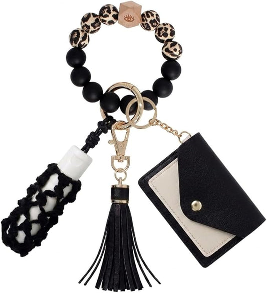 BIHRTC Silicone Key Ring Bracelets Wristlet Keychain Wallet with Net Chapstick Holder for Women