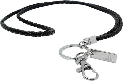 Boshiho Vertical Style Leather ID Card Badge Holder with Keychain Lanyard (Black with Keychain)