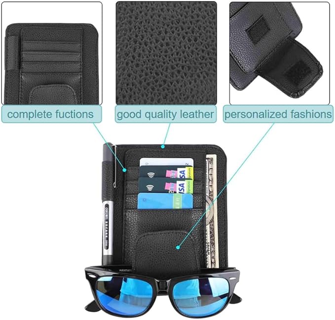 Artificial Leather Car Sun Visor Storage Glasses Organizer Bills Wallet Holder Ticket Credit Card Clips Auto-Interior Visor Accessories(Black)