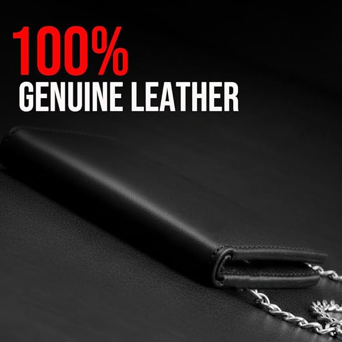 CLASSIC Motorcycle Chain Wallet for Men – Premium Cowhide Leather, RFID Bi-Fold Biker Wallet with Heavy Duty Chain for Bikers Truckers & Hunters, Credit Card Money Organizer Long Wallet Aniline Black