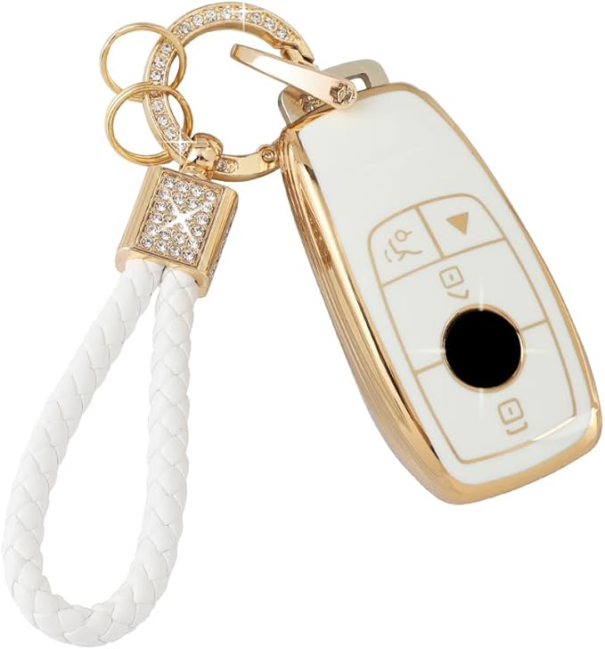 PIFOOG Key Fob Cover for Mercedes TPU White Gold Bling Keychain Accessories Fit Benz GLA GLE GLB GLS GLC CLA CLS C300 AMG A E S G Class Cute Car Keys Case Shell Girly Women