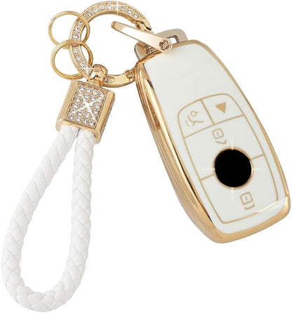 PIFOOG Key Fob Cover for Mercedes TPU White Gold Bling Keychain Accessories Fit Benz GLA GLE GLB GLS GLC CLA CLS C300 AMG A E S G Class Cute Car Keys Case Shell Girly Women