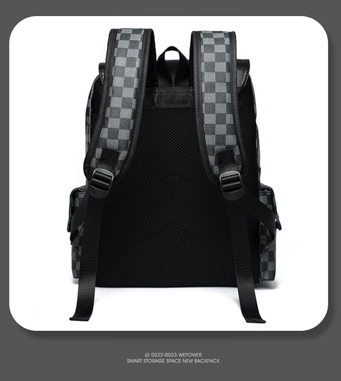 Retro men's business plaid backpack can hold a 15.6-inch laptop, women's stylish travel waterproof leather backpack. (black-16.3inch)