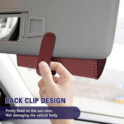 Sunglasses Holder for Car Sun Visor, Sunglass Organizer for Car, Magnetic Leather Eyeglasses Protective Storage Case, Waterproof Glasses Organizer Visor Accessories for Vehicles (Wine Red)