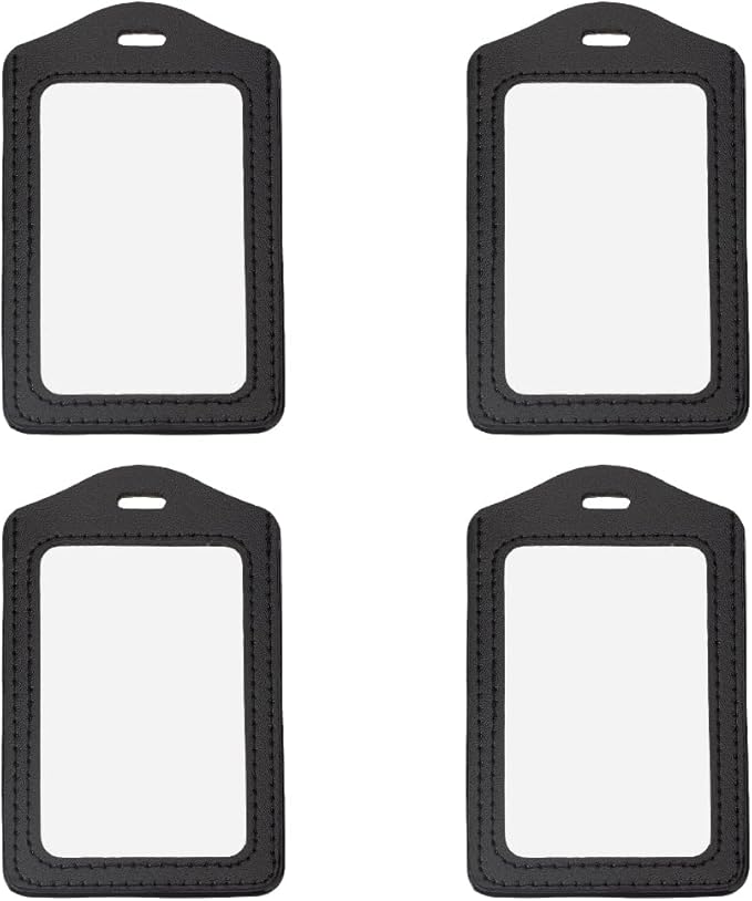 4PCS Black PU Leather ID Badge Holder Black Vertical Double Side Clear Card Slot Case Waterproof Transparent Name Badge Holder Without Lanyard for Offices Staff Students Employees