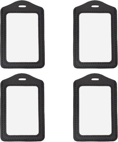 4PCS Black PU Leather ID Badge Holder Black Vertical Double Side Clear Card Slot Case Waterproof Transparent Name Badge Holder Without Lanyard for Offices Staff Students Employees