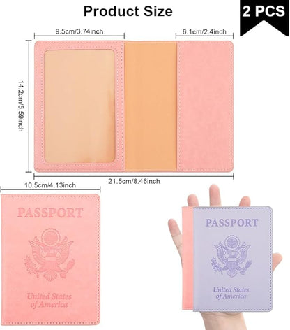 Passport Holder, Passport Cover, Passport Holder for Women, 2 Pack Passport Wallet, Leather Passport Case, Passport Protector Essentials Women Men Family Travel Must Haves, Light Purple+Pink
