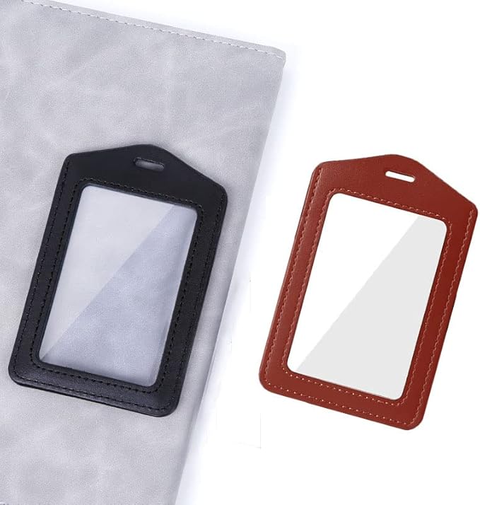 Larpur Pack of 2 Genuine Leather ID Badge Holders, Vertical ID Card Holders with Clear ID Window, Suit for Office, Staff, Students, Employees