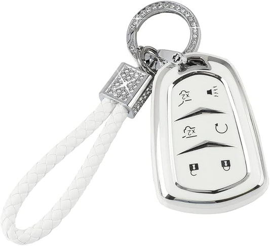 PIFOOG Escalade Key Fob Cover for Cadillac 6 Button Smart Keys Case Proector Accessories TPU Soft Bling Keychain White Silver Girly Cute for Cadillac Escalade ESV 2015-2020