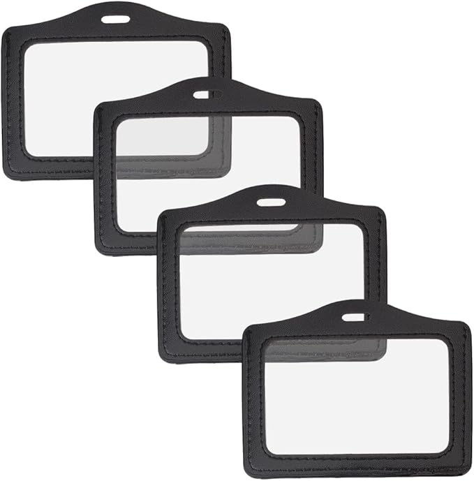 4PCS PU Leather Horizontal Photocard Protector with Clear Window Black Leather Badge Holder Waterproof ID Card Case Double Sided Name Badge Pouch for Offices Staff Students Employees