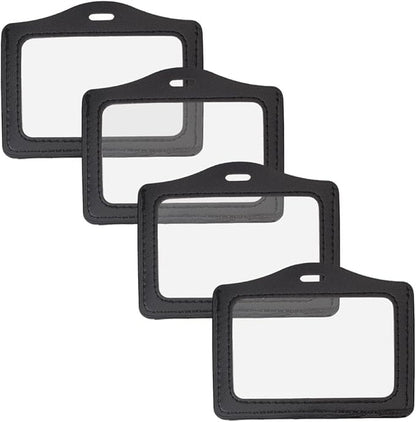 4PCS PU Leather Horizontal Photocard Protector with Clear Window Black Leather Badge Holder Waterproof ID Card Case Double Sided Name Badge Pouch for Offices Staff Students Employees