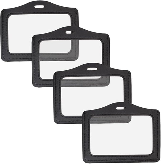 4PCS PU Leather Horizontal Photocard Protector with Clear Window Black Leather Badge Holder Waterproof ID Card Case Double Sided Name Badge Pouch for Offices Staff Students Employees