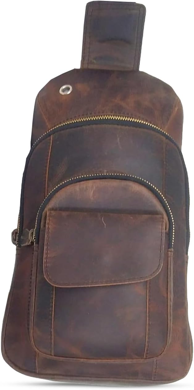 The Tannery Handmade Buffalo Leather Multipurpose Travel Hiking Crossbody Chest Backpack with Adjustable Shoulder Strap, Thanks Giving (Dark Brown, Small)