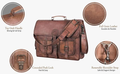 Leather Messenger Bag for Men and Women 18 inch Large Vintage Leather Briefcase Laptop Shoulder Bag Unisex Crossbody Messenger Satchel for Office, Business, Work, Travel