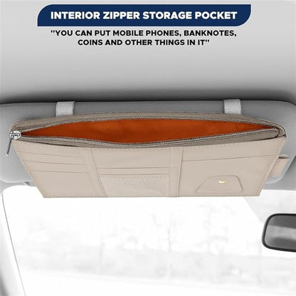 EcoNour Car Sun Visor Organizer (Beige) | Multi-Pocket Net Zipper Case for Cash, Card, Pen & Sunglass | Visor Organizer Storage Pouch | Interior Accessories with Pocket for Car & Truck | Small