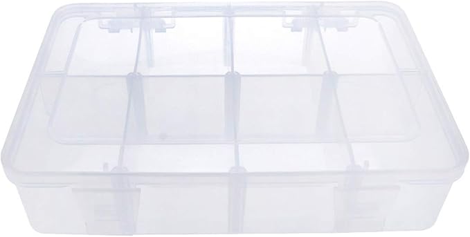 Xiaoyztan 8 Grids Clear Plastic Organizer with Adjustable Dividers, Jewelry Box Bead Storage Container for Small Parts, Fishing Tackle, DIY Crafts, and Earrings, Overall 7.3in x 4.9in