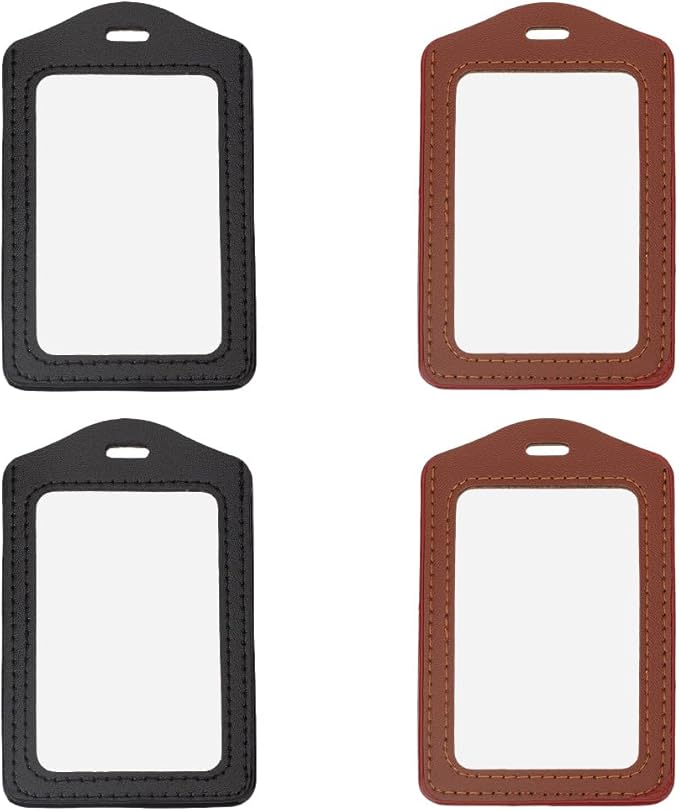 4PCS Doubel Sided PU Leather Badge Holder with Clear Window 2 Colors Vertical ID Card Case Waterproof Leather Photocard Protector Name Badge Pouch for Office Staff Students School