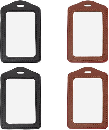 4PCS Doubel Sided PU Leather Badge Holder with Clear Window 2 Colors Vertical ID Card Case Waterproof Leather Photocard Protector Name Badge Pouch for Office Staff Students School