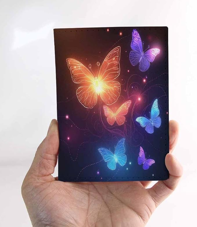 Butterfly Passport Holder for Travel Glowing Glow Magic Creative PU Leather Passport Cover Wallet Cute Passport Card Holder for Women and Men