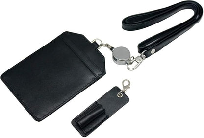 Office Badge Holder - Boshiho Genuine Leather Credit ID Card Holder with Stretch Neck Lanyard Vertical Style (Black)