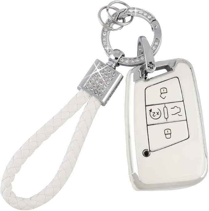 PIFOOG Key Fob Cover for VW Soft TPU 4 Button Keys Case Shell Protector Glitter Keychain Car Accessories for Volkswagen Jetta Tiguan Atlas Arteon Taos Girly Cute White Gold