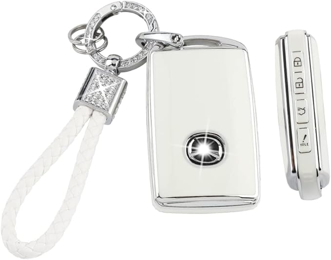 PIFOOG Car Key Case for Mazda 3 6 CX9 CX5 CX30 MX5 CX50 Accessories TPU Keys Fob Cover Shell Cute Bling Keychain Landyard Full Protection 4 Buttons Girly Women White Silver