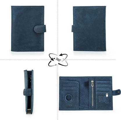CONTACTS Full Grain Leather Passport Holder Compatible with Airtag RFID Blocking Passport Wallet Travel Slim Passport Cover with SIM Card Removal Tool (Blue)