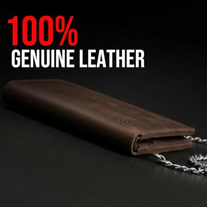 CLASSIC Motorcycle Chain Wallet for Men – Premium Cowhide Leather, RFID Bi-Fold Biker Wallet with Heavy Duty ChainBikers Truckers & Hunters, Credit Card Money Organizer Long Wallet Crazy Horse Brown