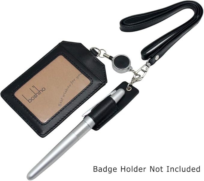 Genuine Leather Pen Holder, 2 Pack Boshiho Pen Pencil Holders for Badge Holder or Neck Lanyard (Black 2)