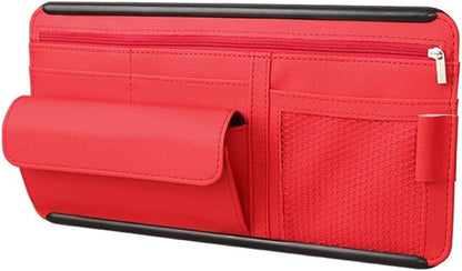 Car Sun Visor Multi-Pocket Net Zipper Organizer Auto Interior Accessories Pocket Organizer Storage Pouch Holder for Card License Pen Glasses (Red)