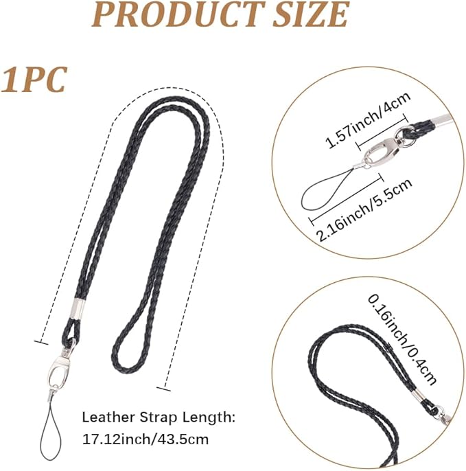 PU Leather Lanyard Strap Keychain 33.86 Inch Braided Office Long Neck Cord with Metal Clasp Handmade Necklace Badge Lanyards Wristlet Bracelet Keychain for ID Card Holder Keys (Black)