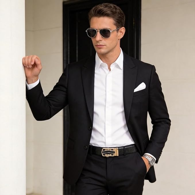 Dubulle Designer Mens Belts, Sliding Automatic Buckle Ratchet Dress Belt TOP Genuine Leather Strap Gifts