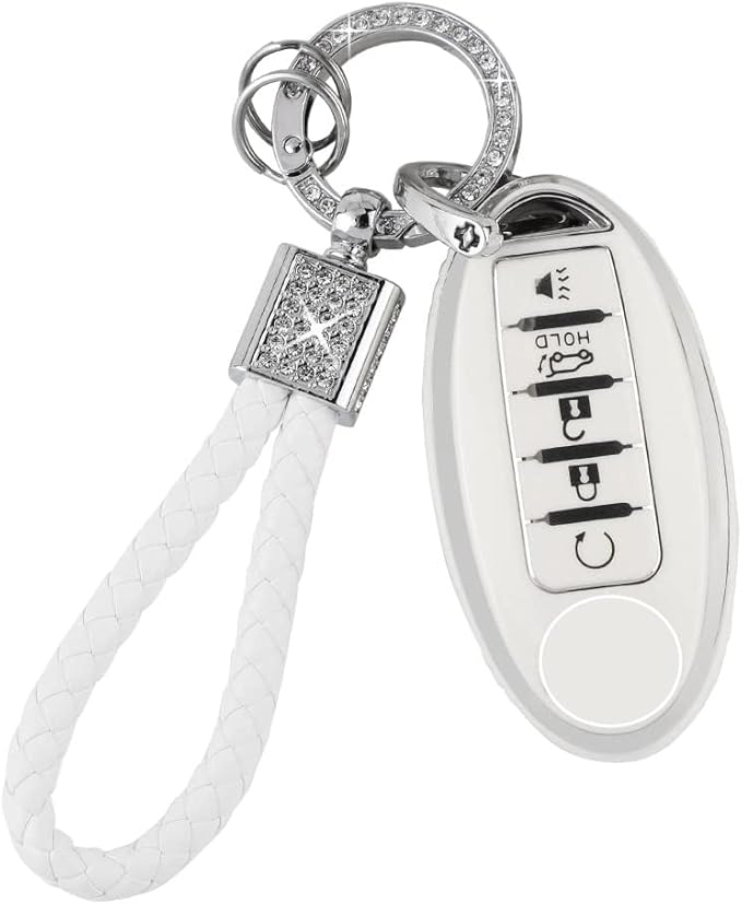 PIFOOG Car Key Cover for Nissan 5 Buttons Keys Fob Case TPU Bling Keychain for Nissan Altima Sentra Rogue Pathfinder Murano Armada Maxima Versa Girly Women White Silver
