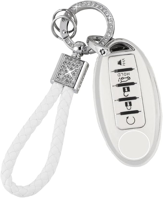 PIFOOG Car Key Cover for Nissan 5 Buttons Keys Fob Case TPU Bling Keychain for Nissan Altima Sentra Rogue Pathfinder Murano Armada Maxima Versa Girly Women White Silver