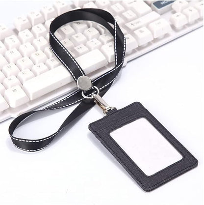 AMUU Black Nylon Neck Lanyard with PU Leather Vertical ID Badge Holder and Retractable Badge Reel,Lanyard,for Keys Kids Women Men,Cruise,1 Pack