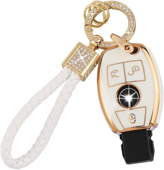 PIFOOG for Mercedes Key Fob Cover TPU Key Case Soft Car Keys Protector Fit Mercedes Benz AMG C E M S CLS CLA GLK GLA GLC GLE Smart Remote Key Keychain Girly Women White Gold