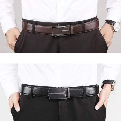 Founders & C Mens Belt 2 Pack,Leather Ratchet Click Belt Dress with Slide Buckle 1 3/8" in Gift Set Box- Size Adjustable