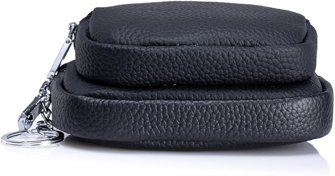 Genuine Leather Coin Purse with Keychain Clip Dual Zipper Mini Wallet Small Cute Pouch for Women & Men Compact Card Holder Wallet Key Holder (Black)