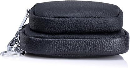 Genuine Leather Coin Purse with Keychain Clip Dual Zipper Mini Wallet Small Cute Pouch for Women & Men Compact Card Holder Wallet Key Holder (Black)