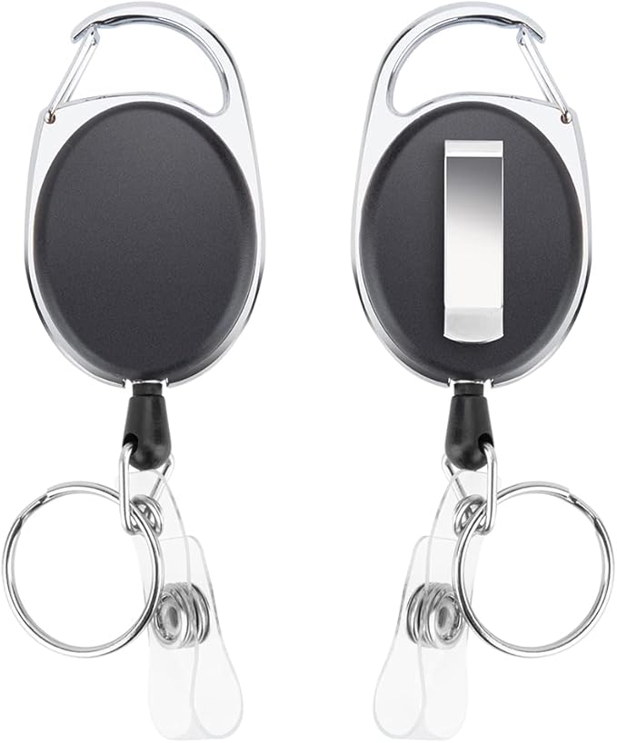 2 Pack Badge Holders and Heavy Duty Retractable Reel Clips Set, Vertical Leather ID Badge Holders with 1 Clear ID Window & 2 Credit Card Slots (Black-2pcs)'