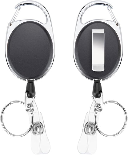 2 Pack Badge Holders and Heavy Duty Retractable Reel Clips Set, Vertical Leather ID Badge Holders with 1 Clear ID Window & 2 Credit Card Slots (Black-2pcs)'