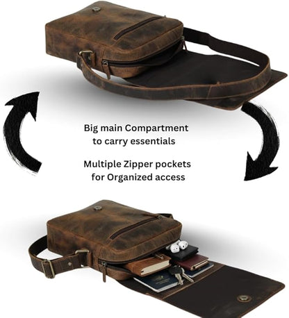 Small Leather Crossbody Bag for Men - Leather Shoulder Bag & Mens Satchel Bags - Leather Messenger Bag for iPad - Man Purse Side Bag