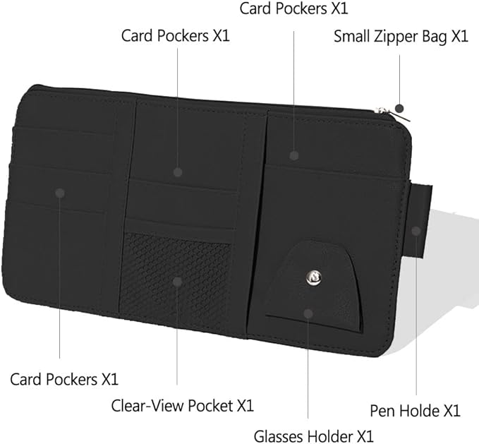 1 Pack Car Sun Visor Organizer, Sunglasses Holder for Car Sun Visor, Auto Interior Accessories Pocket Organizers Can Store for Sunglasses, Documents, Cards, Pen, Drivers License (Black)
